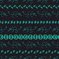 Seamless vector ethic pattern with rows of lizards and geometric shapes