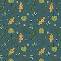 Seamless vector fall nature pattern from forest berries colorful oak ash tree leaves branches twigs in free hand doodle style Royalty Free Stock Photo