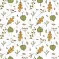 Seamless vector fall nature pattern from forest berries colorful oak ash tree leaves branches twigs in free hand doodle style Royalty Free Stock Photo