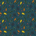 Seamless vector fall nature pattern from forest berries colorful tree leaves branches twigs in free hand doodle style on teal Royalty Free Stock Photo