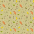 Seamless vector fall nature pattern from forest rowan berries colorful oak tree leaves branches twigs in free hand doodle style Royalty Free Stock Photo