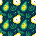 Seamless cute vector floral fruit summer pattern with avocado, pear, plants, leaves