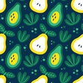 Seamless cute vector floral fruit summer pattern with avocado, pear, plants, leaves Royalty Free Stock Photo