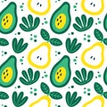 Seamless cute vector floral fruit summer pattern with avocado, pear, plants, leaves Royalty Free Stock Photo