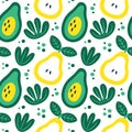 Seamless cute vector floral fruit summer pattern with avocado, pear, plants, leaves