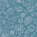 Vector seamless blue-green floral pattern with pink lotus flowers and leaves. Hand drawn seamless background with plants. Royalty Free Stock Photo