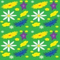 Seamless vector floral ornament with bright large flowers on a green background.