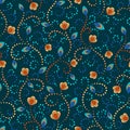 Seamless vector floral pattern with abstract flowers and leaves in blue and orange colors on dark background. Colorful endless Royalty Free Stock Photo