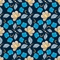 Seamless vector floral pattern with abstract flowers and leaves in bright blue colors on black background