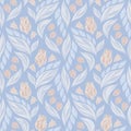 Seamless vector floral pattern with abstract flowers and leaves in pastel pink and white colors on blue background Royalty Free Stock Photo
