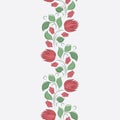 Seamless vector floral pattern with abstract flowers and leaves in red and green colors on white background. Endless vertical