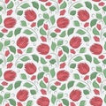 Seamless vector floral pattern with abstract flowers and leaves in red and green colors on white background