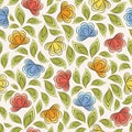 Seamless vector floral pattern with abstract flowers and leaves in red, yellow, blue, green colors on white background. Ornate Royalty Free Stock Photo