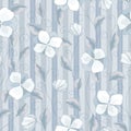 Seamless vector floral pattern with abstract flowers and stitch elements in pastel blue-gray colors on striped background. Endless Royalty Free Stock Photo