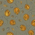Seamless vector floral pattern with abstract mosaic flowers in gold-brown colors on gray background