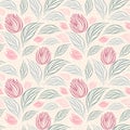 Seamless vector floral pattern with abstract outline flowers and leaves in pastel colors on white background. Endless floral print