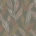Seamless vector floral pattern with abstract outline leaves in pastel colors on dark background