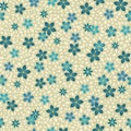 Seamless vector floral pattern with abstract small flowers and leaves in blue colors on light background. Ditsy print