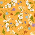 Seamless vector floral pattern abstract spring flowers and tree blossom hand drawn in sketch style in white, blue, orange colors. Royalty Free Stock Photo