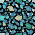 Seamless vector floral pattern with abstract tree leaves in blue, black, white colors. Colorful ornate background in retro style Royalty Free Stock Photo