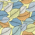 Seamless vector floral pattern with abstract tree leaves in pastel yellow, blue, white colors. Colorful endless background in Royalty Free Stock Photo