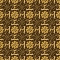 Seamless vector floral pattern based on Arabic geometric ornaments in chocolate brown and gold colors. Endless abstract background