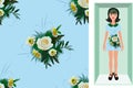 Seamless vector floral pattern  blue background. A bouquet of flowers with a rose. Cartoon girl in a dress with a bouquet of Royalty Free Stock Photo