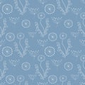 Seamless vector floral pattern. Blue hand drawn background with different flowers and leaves. Royalty Free Stock Photo