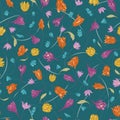 Seamless vector floral pattern with hand drawn abstract spring flowers in blue, yellow, orange, purple colors. Colorful endless