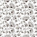 Seamless vector floral pattern. Hand drawn black and white background with flovers and leaves.