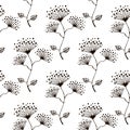 Seamless vector floral pattern. Hand drawn black and white background with flovers and leaves