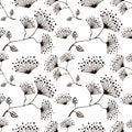 Seamless vector floral pattern. Hand drawn black and white background with flovers and leaves.