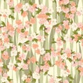Seamless vector floral pattern with hand drawn cherry flowers in light pastel colors on wave background. Spring blossom print in Royalty Free Stock Photo