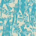 Seamless vector floral pattern with hand drawn cherry flowers in monochrome pastel blue colors on wave background. Spring blossom Royalty Free Stock Photo