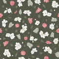 Seamless vector floral pattern with hand drawn spring flowers in pink and white colors on black background. Ditsy print in sketch