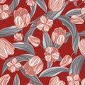 Seamless vector floral pattern with hand drawn tulip flowers in monochrome colors on red background. Ditsy floral print Royalty Free Stock Photo