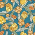 Seamless vector floral pattern with hand drawn tulip flowers in pastel yellow colors on blue background. Ditsy floral print Royalty Free Stock Photo