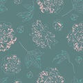 Seamless vector floral pattern with outline hand drawn peony flowers in pastel colors on gray background. Ditsy print in retro Royalty Free Stock Photo