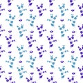 Seamless vector floral pattern small dark and light blue flowers in symmetrical arrangement on white background, millefleurs