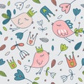 Seamless vector floral pattern. Spring illustration of cute bird Royalty Free Stock Photo