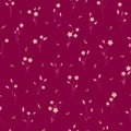 Seamless vector floral pattern with tiny chamomile and tulip flowers in monochrome pink colors on purple background