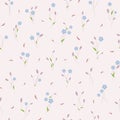 Seamless vector floral pattern with tiny chamomile and tulip flowers in pink and blue colors on white background