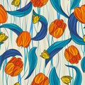 Seamless vector floral pattern with tulip flowers and leaves in orange, yellow, blue, white colors on wave background. Colorful