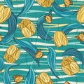 Seamless vector floral pattern with tulip flowers and leaves in pastel blue and yellow colors on wave background. Colorful endless Royalty Free Stock Photo