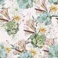 Seamless vector floral pattern. White royal lilies flowers, herbs and succulent. Royalty Free Stock Photo