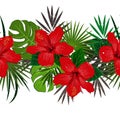 Seamless vector floral summer border with tropical palm leaves and hibiscus flowers. Perfect for wallpapers, web page Royalty Free Stock Photo