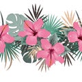 Seamless vector floral summer border with tropical palm leaves and hibiscus flowers. Perfect for wallpapers, web page Royalty Free Stock Photo