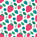 Seamless cute vector floral summer pattern with strawberry, raspberry, blackberry, leaves