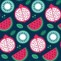 Seamless cute vector floral summer pattern with watermelon, garnet, fruits kiwi, leaves