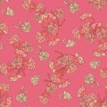 Seamless vector floral texture chinoiserie pattern background with living coral pomegranate flowers on bold pink